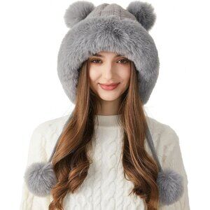 Women Grey Winter Sherpa Beanie Hats Knit Ear Flaps Peruvian Cover Ears